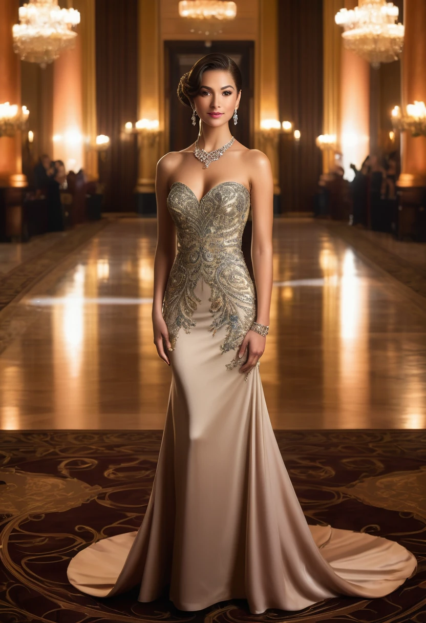 Full length ,"A young woman in an elegant, evening gown one the sholder attending a formal event. She is wearing a uniquely designed and beautiful dress, complemented by luxurious jewelry and accessories. The background features a grand and lavish hall with warm, inviting lighting, showcasing a scene of splendor and beauty."