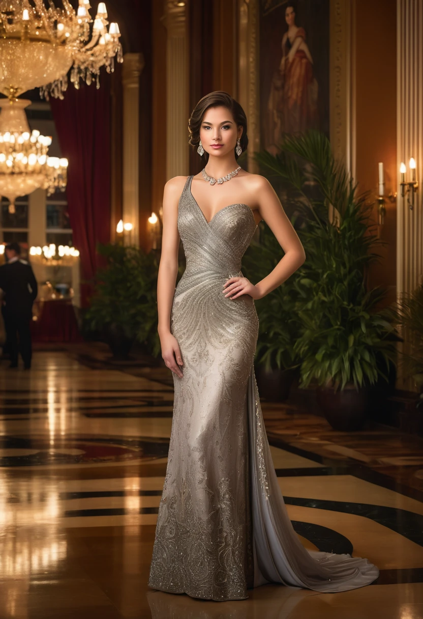 Full length ,"A young woman in an elegant, evening gown one the sholder attending a formal event. She is wearing a uniquely designed and beautiful dress, complemented by luxurious jewelry and accessories. The background features a grand and lavish hall with warm, inviting lighting, showcasing a scene of splendor and beauty."