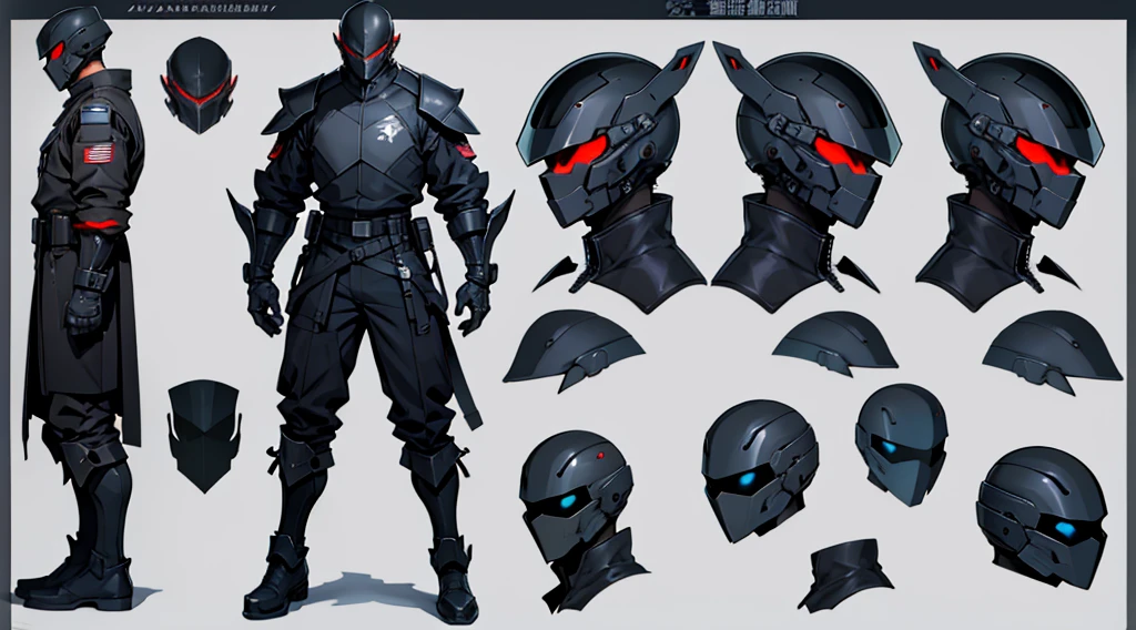 Character design sheet、male、Black military uniform、Body Armor、Full Face Cyber Helmet