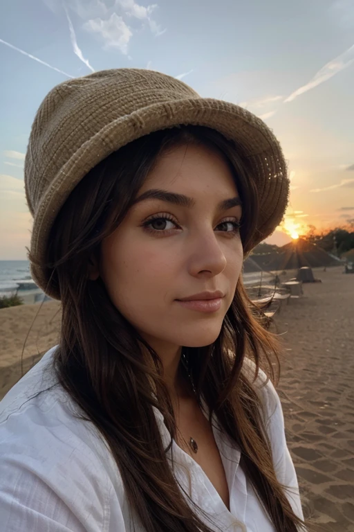 femme de profil brune avec un chapeau large devant un coucher de soleil