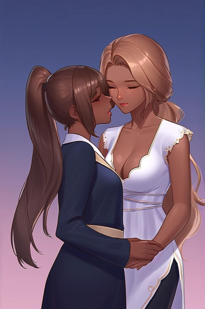 ((Лучшее качество)), ((шедевр)), (подробный), 3 girls , breasts, brown hair, cleavage, closed eyes, dark skin, gradient, gradient background, hand on another's head, licking, long hair, multiple girls, oral, ponytail, , yuri