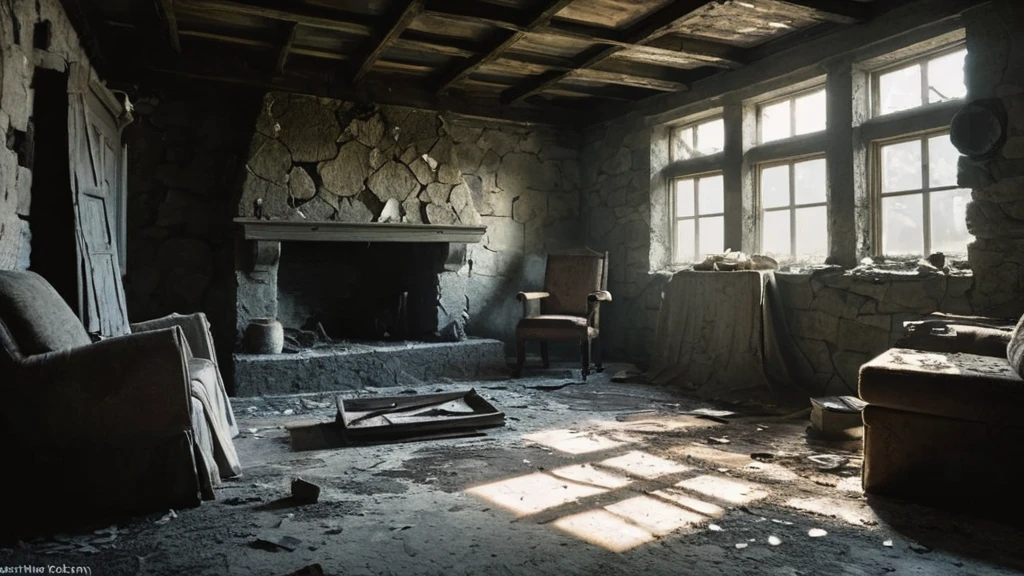 a room inside a broken wood and stone cottage, exuding an atmosphere of abandonment and decay. The cottage, once a cozy and welcoming home, now stands in disrepair. The walls, made of crumbling stone and splintered wood, bear the marks of time and neglect. Light filters through gaps in the damaged roof and shattered windows, casting fragmented beams that illuminate the dust-laden air.
Inside, the room is a scene of desolation. A wooden table, its surface marred with deep scratches and covered in a layer of dust, stands in the center. Chairs lie overturned and broken around it, and remnants of a once-loved meal, now reduced to rotting crumbs and tarnished utensils, remain scattered.
The floor, strewn with debris, creaks underfoot, revealing the rot and wear that have set in over the years. Shelves that once held cherished items and books now hang crookedly, with some contents still clinging precariously, while others lie shattered on the ground.
A hearth, cold and empty, is set into the stone wall, its ashes long undisturbed. Above it, a mantle holds a few remaining personal items—a tarnished locket, a cracked picture frame, and a once-vibrant but now faded tapestry, hinting at the lives and stories that once filled this space.
This image captures the haunting beauty of a once-lived-in home now lost to time, evoking a sense of mystery, nostalgia, and the inevitable passage of life in a medieval dark fantasy setting