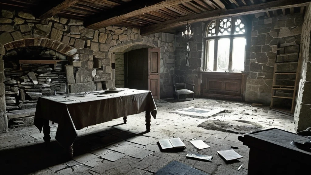 a room inside a broken wood and stone cottage, exuding an atmosphere of abandonment and decay. The cottage, once a cozy and welcoming home, now stands in disrepair. The walls, made of crumbling stone and splintered wood, bear the marks of time and neglect. Light filters through gaps in the damaged roof and shattered windows, casting fragmented beams that illuminate the dust-laden air.
Inside, the room is a scene of desolation. A wooden table, its surface marred with deep scratches and covered in a layer of dust, stands in the center. Chairs lie overturned and broken around it, and remnants of a once-loved meal, now reduced to rotting crumbs and tarnished utensils, remain scattered.
The floor, strewn with debris, creaks underfoot, revealing the rot and wear that have set in over the years. Shelves that once held cherished items and books now hang crookedly, with some contents still clinging precariously, while others lie shattered on the ground.
A hearth, cold and empty, is set into the stone wall, its ashes long undisturbed. Above it, a mantle holds a few remaining personal items—a tarnished locket, a cracked picture frame, and a once-vibrant but now faded tapestry, hinting at the lives and stories that once filled this space.
This image captures the haunting beauty of a once-lived-in home now lost to time, evoking a sense of mystery, nostalgia, and the inevitable passage of life in a medieval dark fantasy setting