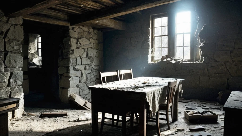 a room inside a broken wood and stone cottage, exuding an atmosphere of abandonment and decay. The cottage, once a cozy and welcoming home, now stands in disrepair. The walls, made of crumbling stone and splintered wood, bear the marks of time and neglect. Light filters through gaps in the damaged roof and shattered windows, casting fragmented beams that illuminate the dust-laden air.
Inside, the room is a scene of desolation. A wooden table, its surface marred with deep scratches and covered in a layer of dust, stands in the center. Chairs lie overturned and broken around it, and remnants of a once-loved meal, now reduced to rotting crumbs and tarnished utensils, remain scattered.
The floor, strewn with debris, creaks underfoot, revealing the rot and wear that have set in over the years. Shelves that once held cherished items and books now hang crookedly, with some contents still clinging precariously, while others lie shattered on the ground.
A hearth, cold and empty, is set into the stone wall, its ashes long undisturbed. Above it, a mantle holds a few remaining personal items—a tarnished locket, a cracked picture frame, and a once-vibrant but now faded tapestry, hinting at the lives and stories that once filled this space.
This image captures the haunting beauty of a once-lived-in home now lost to time, evoking a sense of mystery, nostalgia, and the inevitable passage of life in a medieval dark fantasy setting