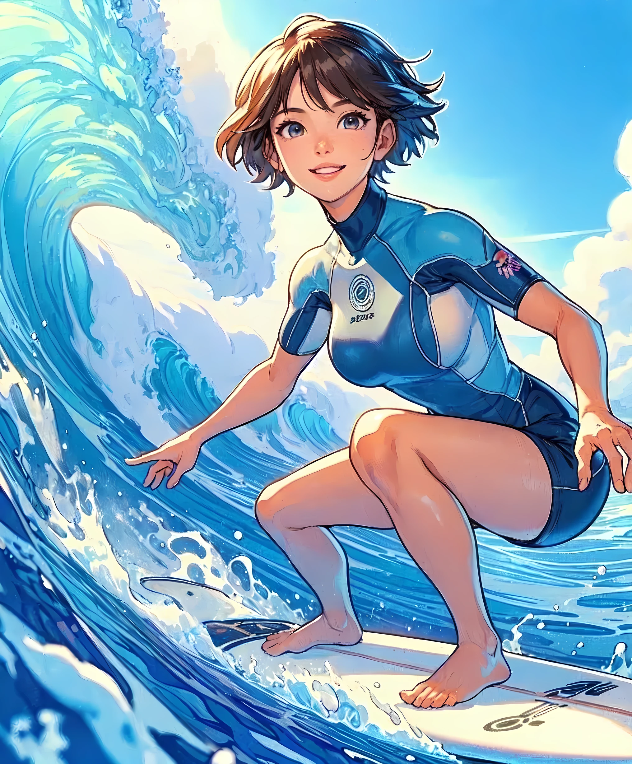 1lady solo, standing on surfboard, (squatting:0.8) balancing, (dynamic posing), (stylish wetsuit) surfer, (mature female:0.8), /(brown hair/) bangs, light smile, (teeth:0.8), (masterpiece best quality:1.2) delicate illustration ultra-detailed, large breasts BREAK (sea surface) outdoors, (big waves:1.1), splash, blue sky, detailed background