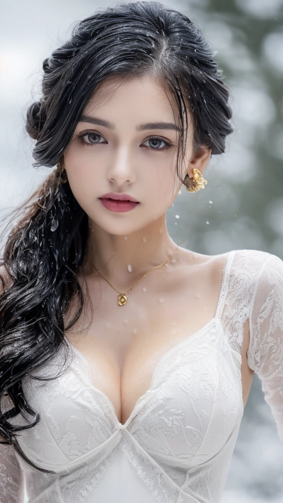 1 miniature Beautiful beautiful woman - white pale skin asian, height 176 cm, 36-24-36 body ratio, slim body, perfect small natural round breasts, ((top quality, 8K, Masterpiece:1.pretty woman, 1 woman, lush black long hair with 2 buns, (shower, wet body, wet clothes:1.1), very detailed face, detailed lips, detailed eyes, double eyelids, Detailed eyes, long black wet hair, black wet hair, Detailed Outstanding Eyes, innocent look at the viewer, very wet wavy black hair, Detailed Outstanding Eyes, huge gold earrings, Outdoors, gothic princess dress, sexy princess dress, bare chest, Outside, reality mode, wet breasts, gold necklace, black latex gloves, angel, snowy weather, sexy pose, white lingerie, black tight dress, open chest