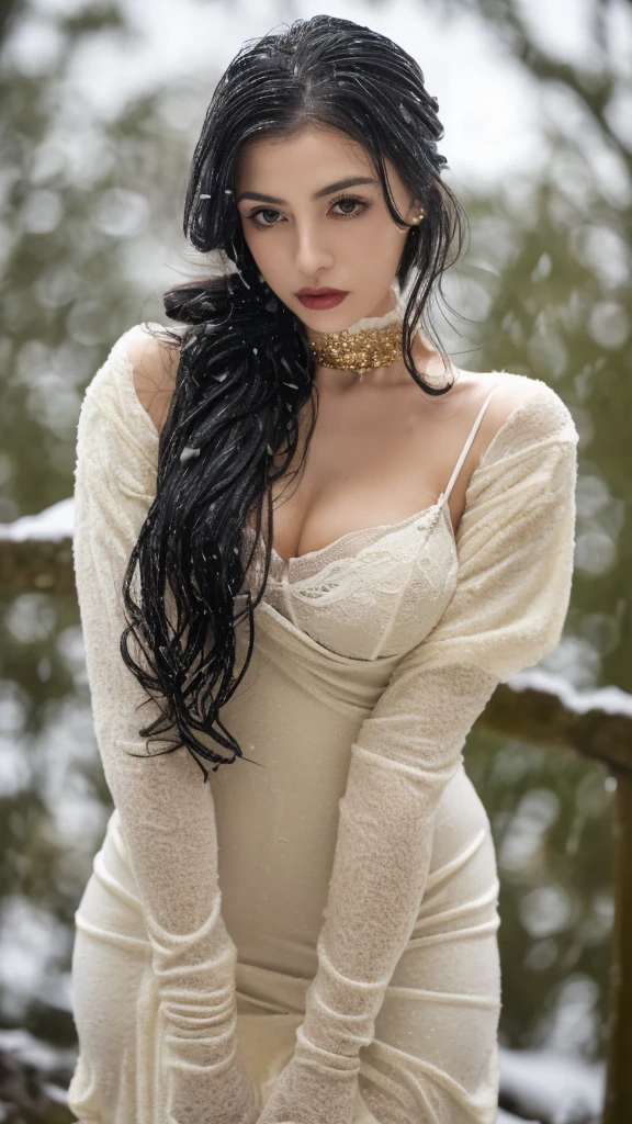 1 miniature Beautiful beautiful woman - white pale skin asian, height 176 cm, 36-24-36 body ratio, slim body, perfect small natural round breasts, ((top quality, 8K, Masterpiece:1.pretty woman, 1 woman, lush black long hair with 2 buns, (shower, wet body, wet clothes:1.1), very detailed face, detailed lips, detailed eyes, double eyelids, Detailed eyes, long black wet hair, black wet hair, Detailed Outstanding Eyes, innocent look at the viewer, very wet wavy black hair, Detailed Outstanding Eyes, huge gold earrings, Outdoors, gothic princess dress, sexy princess dress, bare chest, Outside, reality mode, wet breasts, gold necklace, black latex gloves, angel, snowy weather, sexy pose, white lingerie, black tight dress, open chest