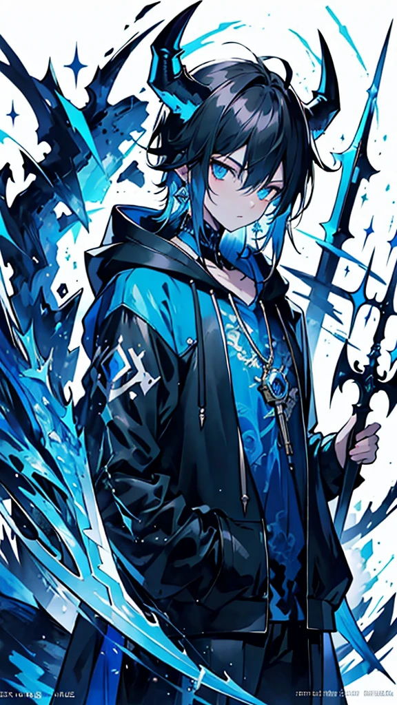 (masterpiece:1.2、highest quality), (Exquisite eyes: 1.2), (Detailed Background、Dark fantasy), (beauty detailed face), High Contrast, (Best lighting、Very delicate and beauty), ((Cinema Lighting) )), colorful, Hyper Detail, Dramatic Light, Intricate details, (1 teen boy, scruffy black hair, bangs, Blue eyes, dark cestel, dark night, long earrings, black hoodie, blue demon horns, blue great sword at the back, looking at viewer, upper body), Black light swirling around the character, Depth of written boundary, black light particles, Nightcore, Spectacular anime style, zerochan art, Anime Wallpaper, Burning, High quality anime art style, Key Anime Art