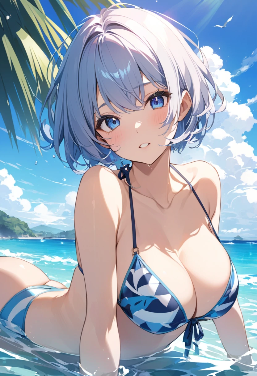 summer、Ocean、blue sky、bikini、beautiful girl、sexy、Short Hair