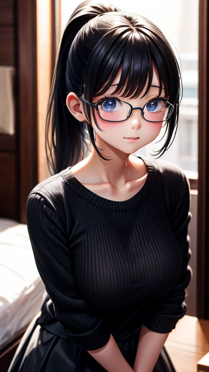 8K、cute、Adult Girl、detailed、black eye、Black Hair、sexy、Random Pause、Random hairstyle、reflected light, Chiaroscuro, Written boundary depth, Cinema Lighting, Ray Tracing, Sony FE GM, Ultra-high resolution, 超detailed, masterpiece, Textured skin, Attention to detail, Highest quality, Awards,Bitch、Huge breasts、Too big、Saggy breasts、whole body、ponytail、Glasses
