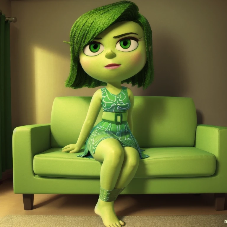 anatomically correct, masterpiece, best high quality, RAW Photo, perfect anatomy, 4k, quality lighting, detailed hands, detailed feet, detailed eyes, solo, female character, green dress, mini skirt, green hair, green skin, thick thighs, wide hips, medium breasts, bedroom, sitting tied on sofa, barefoot, full body view,  