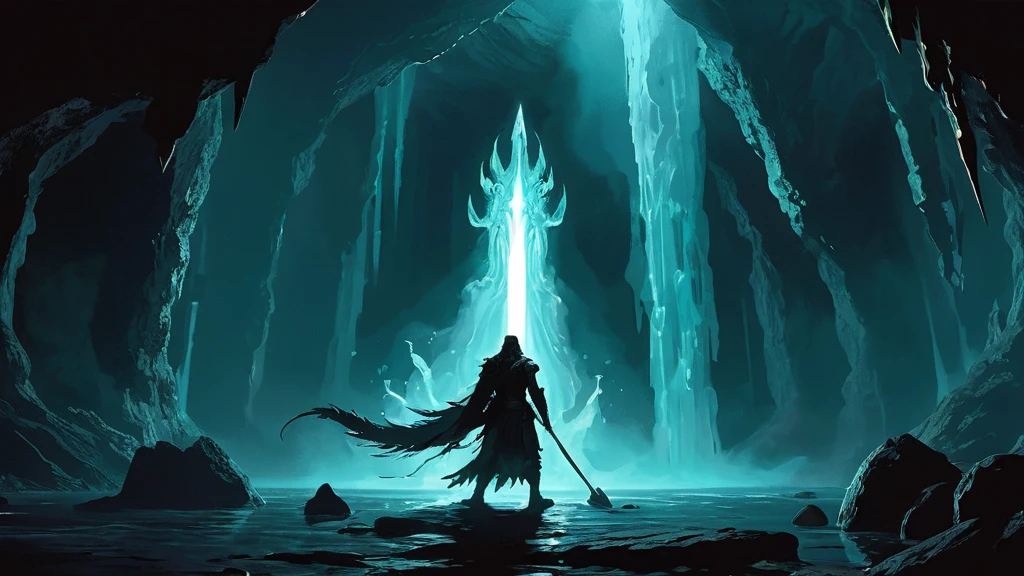 captivating and tense scene in a dark, foreboding cave where a lycan and a girl. The cave is dimly illuminated by the faint glow of bioluminescent fungi clinging to the damp walls and the soft light of a nearby torch, casting eerie shadows that dance across the rocky surfaces.

The lycan, a towering and fearsome werewolf creature with rippling muscles and sharp, glistening fangs, stands poised in a menacing yet wary stance. Its eyes glow with a mix of primal fury and curiosity, fur bristling under the pale light.

The girl, dressed in simple yet sturdy medieval attire, stands her ground with a look of both fear and determination. She holds a small, ancient artifact or talisman that emits a faint, protective glow, hinting at its significance in this tense standoff. Her expression is a blend of bravery and desperation, suggesting a deeper connection or mission involving the lycan.

The cave itself is a labyrinthine structure with jagged stalactites and stalagmites, enhancing the sense of claustrophobia and danger. The ground is uneven and scattered with ancient bones and remnants of past conflicts, adding to the ominous atmosphere.

This image captures a moment of intense confrontation and suspense, blending elements of dark fantasy and medieval adventure, inviting viewers to imagine the story and stakes behind this dramatic encounter.