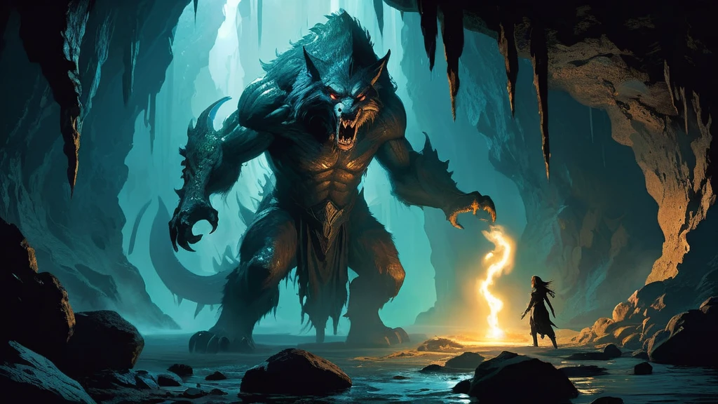 captivating and tense scene in a dark, foreboding cave where a lycan and a girl. The cave is dimly illuminated by the faint glow of bioluminescent fungi clinging to the damp walls and the soft light of a nearby torch, casting eerie shadows that dance across the rocky surfaces.
The lycan, a towering and fearsome werewolf creature with rippling muscles and sharp, glistening fangs, stands poised in a menacing yet wary stance. Its eyes glow with a mix of primal fury and curiosity, fur bristling under the pale light.
The girl, dressed in simple yet sturdy medieval attire, stands her ground with a look of both fear and determination. She holds a small, ancient artifact or talisman that emits a faint, protective glow, hinting at its significance in this tense standoff. Her expression is a blend of bravery and desperation, suggesting a deeper connection or mission involving the lycan.
The cave itself is a labyrinthine structure with jagged stalactites and stalagmites, enhancing the sense of claustrophobia and danger. The ground is uneven and scattered with ancient bones and remnants of past conflicts, adding to the ominous atmosphere.
This image captures a moment of intense confrontation and suspense, blending elements of dark fantasy and medieval adventure, inviting viewers to imagine the story and stakes behind this dramatic encounter.