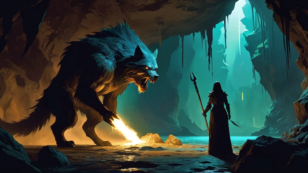 captivating and tense scene in a dark, foreboding cave where a lycan and a girl. The cave is dimly illuminated by the faint glow of bioluminescent fungi clinging to the damp walls and the soft light of a nearby torch, casting eerie shadows that dance across the rocky surfaces.
The lycan, a towering and fearsome werewolf creature with rippling muscles and sharp, glistening fangs, stands poised in a menacing yet wary stance. Its eyes glow with a mix of primal fury and curiosity, fur bristling under the pale light.
The girl, dressed in simple yet sturdy medieval attire, stands her ground with a look of both fear and determination. She holds a small, ancient artifact or talisman that emits a faint, protective glow, hinting at its significance in this tense standoff. Her expression is a blend of bravery and desperation, suggesting a deeper connection or mission involving the lycan.
The cave itself is a labyrinthine structure with jagged stalactites and stalagmites, enhancing the sense of claustrophobia and danger. The ground is uneven and scattered with ancient bones and remnants of past conflicts, adding to the ominous atmosphere.
This image captures a moment of intense confrontation and suspense, blending elements of dark fantasy and medieval adventure, inviting viewers to imagine the story and stakes behind this dramatic encounter.