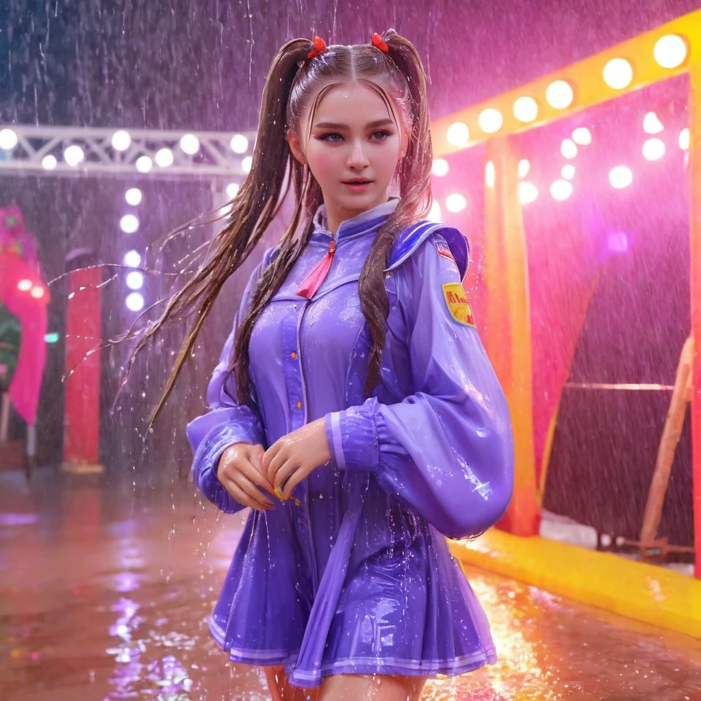 (Full body portrait:1.１)、A beautiful young idol girl with twin tails is dancing on an outdoor stage in the rain、In idol-like costumes、(Highest quality、4K、8K、High resolution、masterpiece:1.2)、Super detailed、(Real、Photorealistic、Photorealistic:1.37)、Delicate facial features、Highly detailed eyes and face、Complex hairstyles、Expressive pose、Colorful stage lights、Dynamic Performance、Bright colors、Glowing Skin、Professional photography、soakingwetclothes