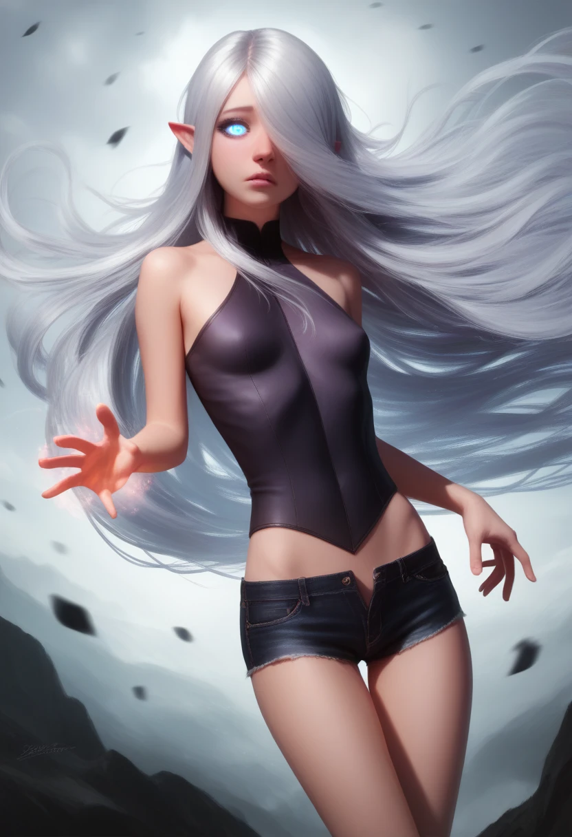 Girl, halfling girl, halfling, pale skin, short, short stature, very long hair, silver hair, straight hair that curls at the end, small breasts, pouty lips, masterpiece, best quality, dynamic pose, 8k, hair covering one eye, anime eyes, bright eyes, detailed eyes, big round eyes, blue eyes, realistic eyes, wind, windy, short shorts, eyeliner, shy personality, detailed outfit, cold outside,wearing lots of belts, wind magic, sfw, dungeons and dragons, fantasy, adventurer, adventurer outfit