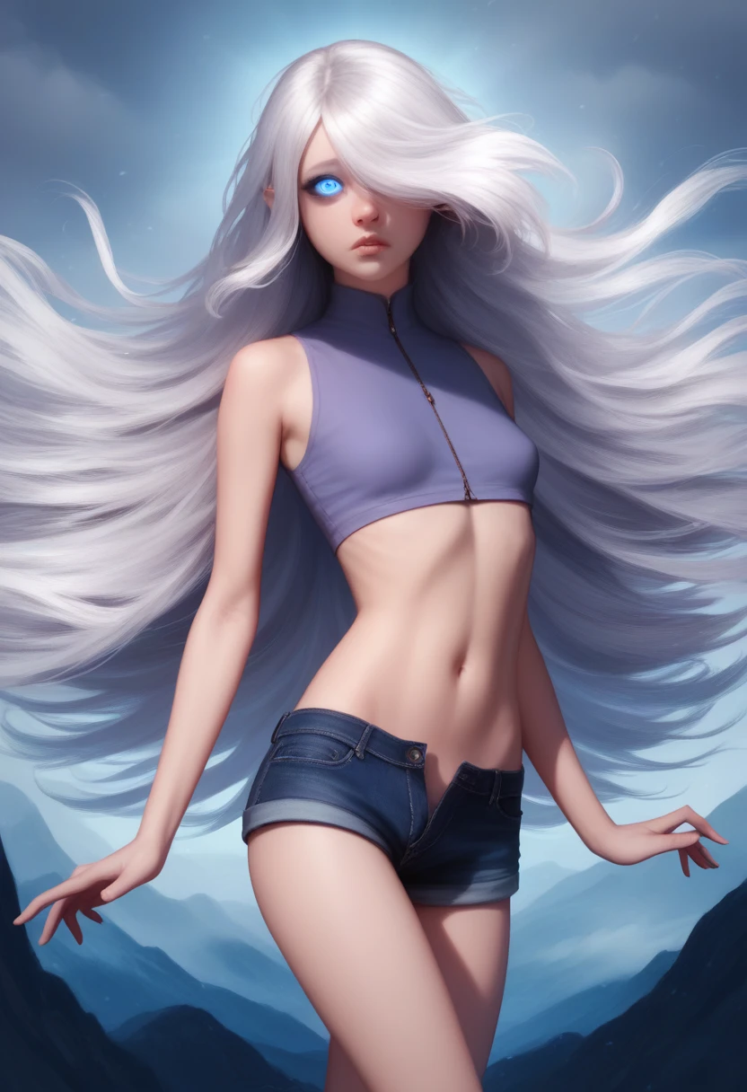 Girl, halfling girl, halfling, pale skin, short, short stature, very long hair, silver hair, straight hair that curls at the end, small , pouty lips, masterpiece, best quality, dynamic pose, 8k, hair covering one eye, anime eyes, bright eyes, detailed eyes, big round eyes, blue eyes, realistic eyes, wind, windy, short shorts, eyeliner, shy personality, detailed outfit, cold outside,wearing lots of belts, wind magic, sfw, dungeons and dragons, fantasy, adventurer, adventurer outfit