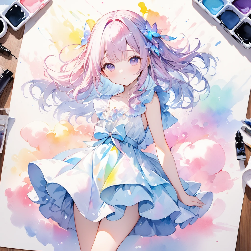 (8K, Highest quality, masterpiece:1.2),(Highest quality:1.0), (Ultra-high resolution:1.0), watercolor, Petite、girl,Shortcuts、 Fluffy dress、,  Very bright and luminous design, pastel colour, (ink:1.3), 