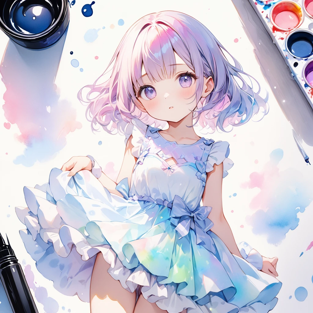 (8K, Highest quality, masterpiece:1.2),(Highest quality:1.0), (Ultra-high resolution:1.0), watercolor, Petite、girl,Shortcuts、 Fluffy dress、,  Very bright and luminous design, pastel colour, (ink:1.3), 