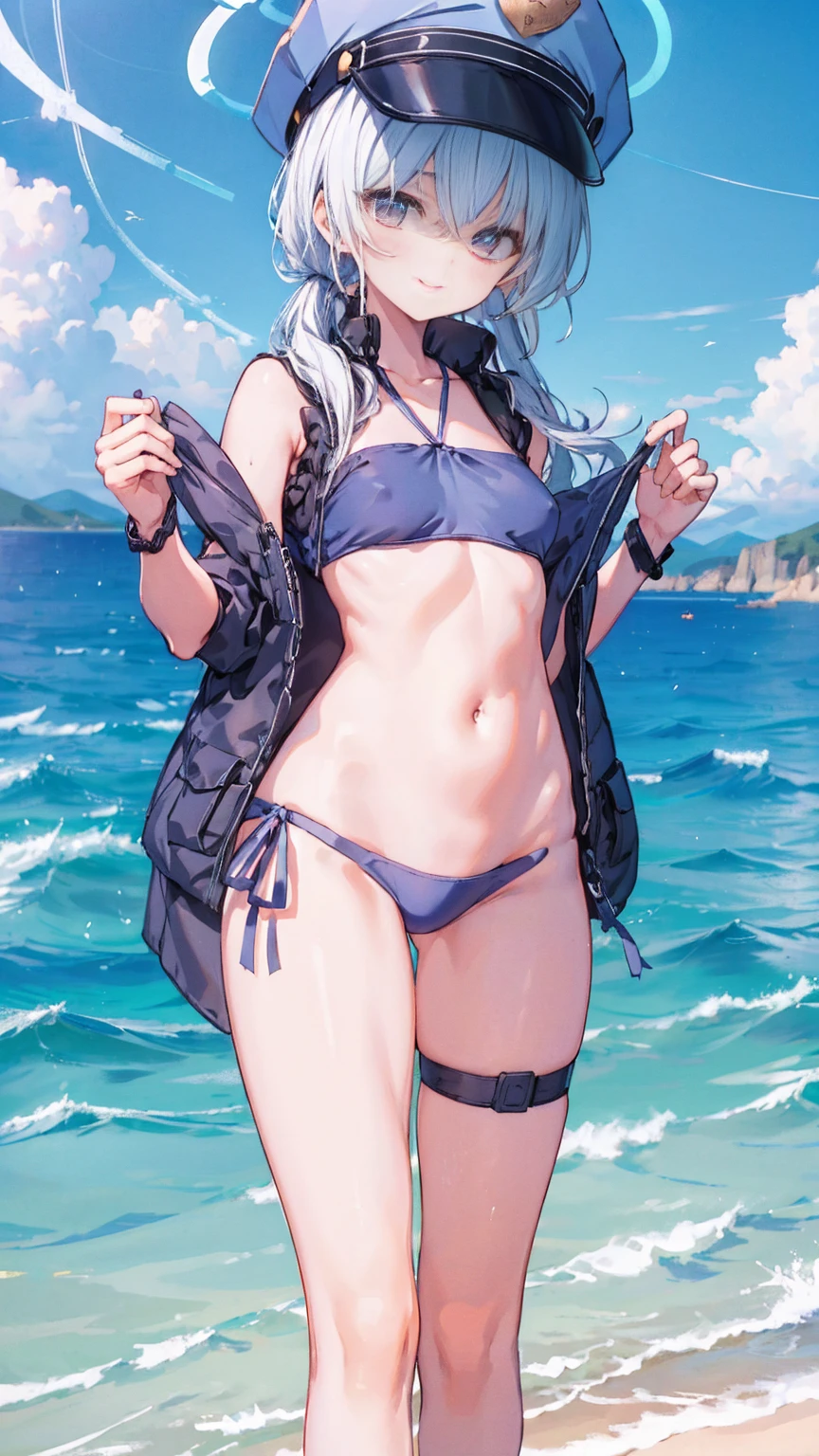 （Extremely detailed CG unified 8k wallpaper),(masterpiece), (Best quality), (Ultra Detailed), (Best Illustration),(The best shadow)，Standing by the sea，Taking off clothes，Smile at me