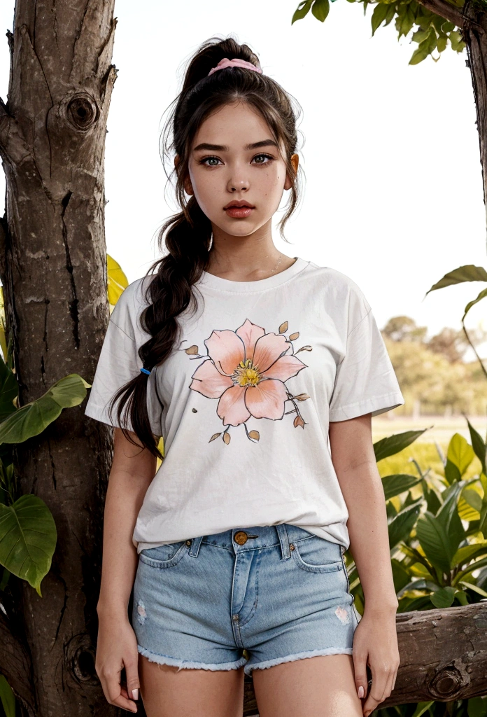 The 15 year old girl wore a white cotton t-shirt with a small floral motif which gave a feminine and fresh impression. Light blue denim shorts add a comfortable casual feel. White sneakers complete her look, giving her a relaxed and ready-for-the-outdoors vibe. Her long, black, shiny hair was tied in a high ponytail with a pastel colored scrunchie, adding to her youthful and energetic impression.
A white baseball cap and sunglasses add a touch of style while protecting from the sun.
The girl's makeup is very natural with BB cream which gives the impression of smooth skin, peach blush which makes her cheeks look fresh, and pink lip balm which gives a little color to her lips. Waterproof mascara makes her eyes look more defined without being overdone.