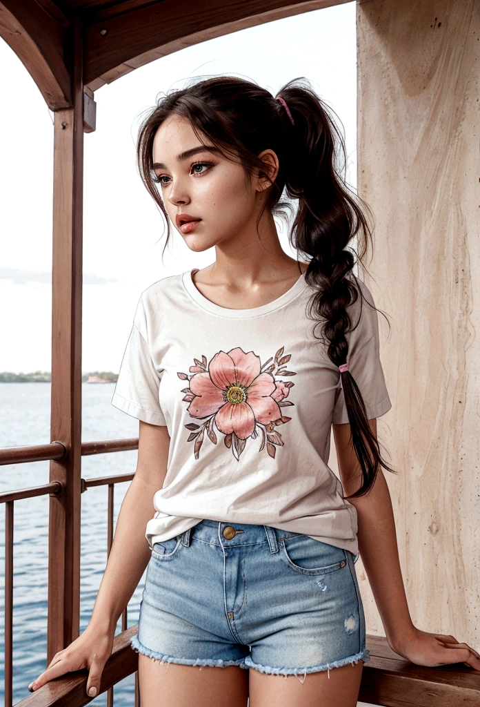 The 15 year old girl wore a white cotton t-shirt with a small floral motif which gave a feminine and fresh impression. Light blue denim shorts add a comfortable casual feel. White sneakers complete her look, giving her a relaxed and ready-for-the-outdoors vibe. Her long, black, shiny hair was tied in a high ponytail with a pastel colored scrunchie, adding to her youthful and energetic impression.
A white baseball cap and sunglasses add a touch of style while protecting from the sun.
The girl's makeup is very natural with BB cream which gives the impression of smooth skin, peach blush which makes her cheeks look fresh, and pink lip balm which gives a little color to her lips. Waterproof mascara makes her eyes look more defined without being overdone.