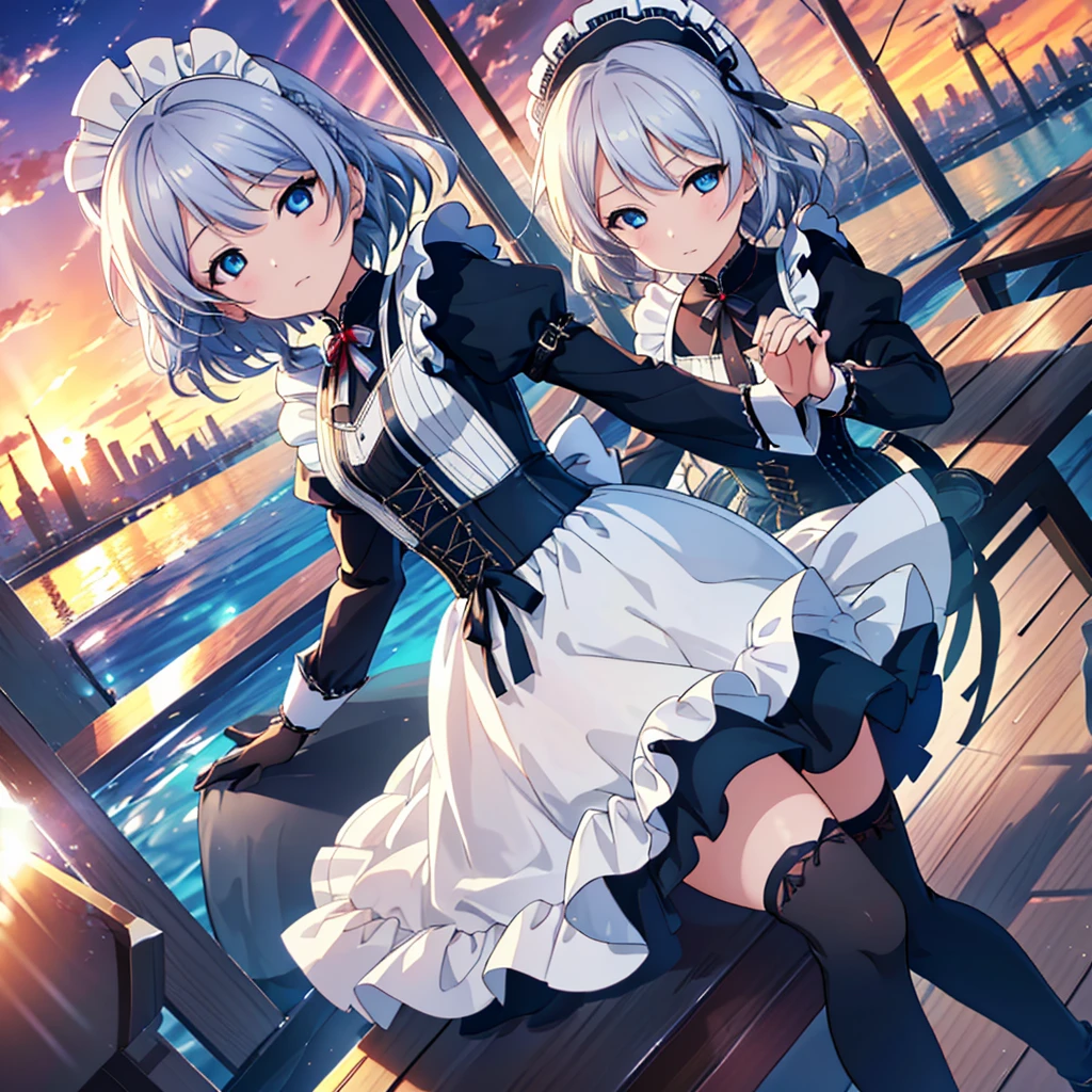 Dengeki Bunko, Woman Looking Back, Perfect Human Medicine, {{{{{Maid clothes}}}}},Small Tits,Anime Assortment,Cool,{{{{{50 year old woman}}}}} ,{{{{{a person is depicted}}}}},(Official Art、{{{{{Upper Bodyアングル}}}}},Highest quality、Unity 8k wallpaper、32k、masterpiece、Ultra-detailed、Ultra-high resolution, Realistic、Grab your hair with your hands, Photorealistic:1.2)、(Cinema Lighting:1.2)、,Fire Glow Effect、The most grainy shadows on the film、Rim Light、Side light、Side Shot、(Ultra-detailedで複雑な3Dレンダリング)、Very short hair, Short wolf hair,細部までBeautiful Faceと目、Sharp pupils、Realistic生徒、Slender、white maid hat, Highly detailed background、Beautiful Face、Beautiful 16 year old girl、(Ultra-detailedなスキン、Detailed skin texture:1.Silver Hair:1.3)、Blunt bangs、blue eyes、{{{{{黒いMaid clothes}}}}}、White apron costume、Black knee socks、(Thighs Thighs Thighs Thighs:0.8)、Black Bhutanese sticks and a beautiful sunset、Medieval castle、Dancing on the Tower Roof、(avert your eyes、Overlooking the city:1.3)、Fantastic、Close your mouth and bite, Makes your face smaller, (Tabletop), Highest quality, Perfect Face, 1 Girl, alone, Eye color is light blue, Hair between the eyes, Very Short Hair, blue eyes, Silver Hair, Knee-high boots, corset,Black gloves, Long sleeve, Upper Body,