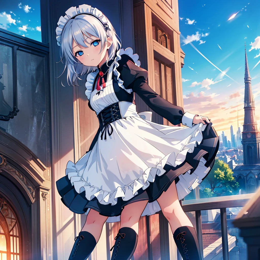 Dengeki Bunko, Woman Looking Back, Perfect Human Medicine, {{{{{Maid clothes}}}}},Small Tits,Anime Assortment,Cool,{{{{{50 year old woman}}}}} ,{{{{{a person is depicted}}}}},(Official Art、{{{{{Upper Bodyアングル}}}}},Highest quality、Unity 8k wallpaper、32k、masterpiece、Ultra-detailed、Ultra-high resolution, Realistic、Grab your hair with your hands, Photorealistic:1.2)、(Cinema Lighting:1.2)、,Fire Glow Effect、The most grainy shadows on the film、Rim Light、Side light、Side Shot、(Ultra-detailedで複雑な3Dレンダリング)、Very short hair, Short wolf hair,細部までBeautiful Faceと目、Sharp pupils、Realistic生徒、Slender、white maid hat, Highly detailed background、Beautiful Face、Beautiful 16 year old girl、(Ultra-detailedなスキン、Detailed skin texture:1.Silver Hair:1.3)、Blunt bangs、blue eyes、{{{{{黒いMaid clothes}}}}}、White apron costume、Black knee socks、(Thighs Thighs Thighs Thighs:0.8)、Black Bhutanese sticks and a beautiful sunset、Medieval castle、Dancing on the Tower Roof、(avert your eyes、Overlooking the city:1.3)、Fantastic、Close your mouth and bite, Makes your face smaller, (Tabletop), Highest quality, Perfect Face, 1 Girl, alone, Eye color is light blue, Hair between the eyes, Very Short Hair, blue eyes, Silver Hair, Knee-high boots, corset,Black gloves, Long sleeve, Upper Body,