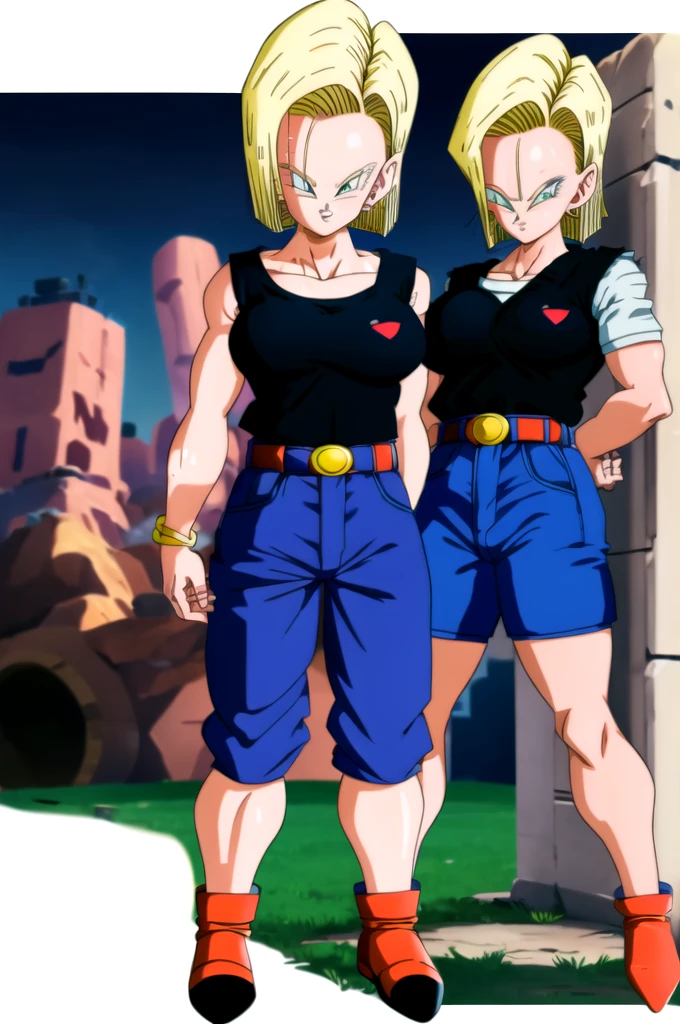 ultra detailed, masterpiece, bist quality, Alone, soft smile, light smile, Android 18, Dragon Ball,
1girl, blue eyis, blond hair, short hair, big breast, big ass,  confused face exprision, sin imperfeccionis, perfect drawing,Best Quality, High Definition, Y18, 1 girl, Android 18, Alone, by rubio, blue eyis, belt, Cowboys, perla_collar, bracelet, guantis negros, iscote, White shirt, short hair, short sleeves, pendientis, pantalonis azulis, open vest, black vest, pechos grandis, Wide hips, is, legs apart, City, (ropa disgarrada: 1.5), erotica, standing, Inexprisivo,