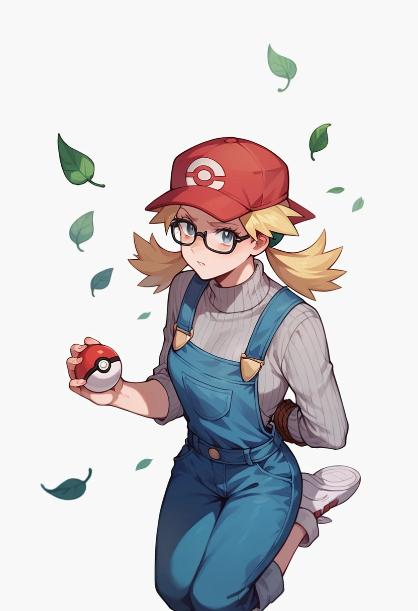 leaf_(\pokemon\), young woman with blonde hair tied up hidden under cap, red cap, wears black colour glasses, horizontal white & grey stripey sweater, blue overalls, white shoes, holding poke ball