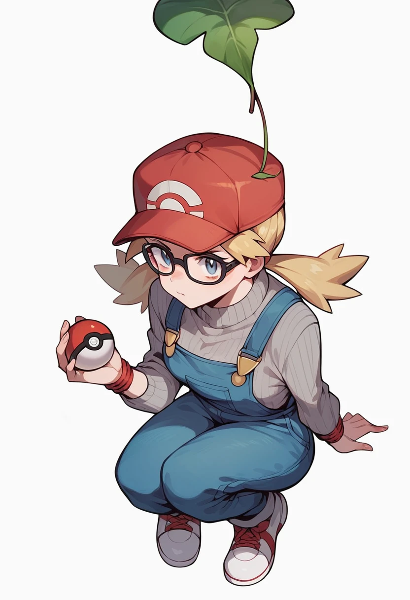 leaf_(\pokemon\), young woman with blonde hair tied up hidden under cap, red cap, wears black colour glasses, horizontal white & grey stripey sweater, blue overalls, white shoes, holding poke ball