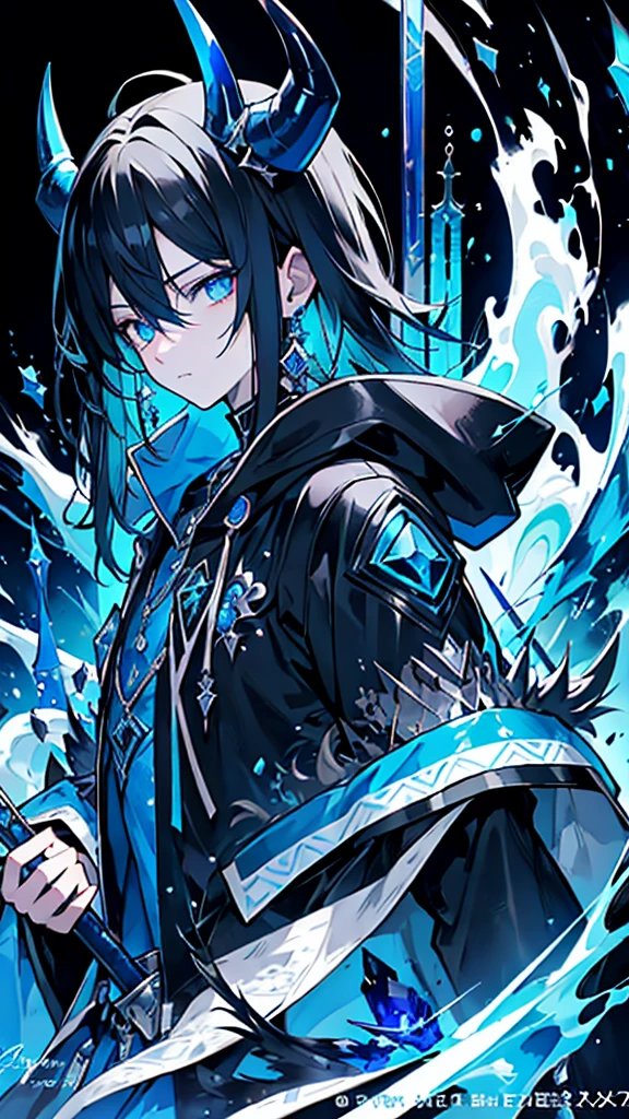 (masterpiece:1.2、highest quality), (Exquisite eyes: 1.2), (Detailed Background、Dark fantasy), (beauty detailed face), High Contrast, (Best lighting、Very delicate and beauty), ((Cinema Lighting) )), colorful, Hyper Detail, Dramatic Light, Intricate details, (1 teen boy, scruffy black hair, bangs, Blue eyes, demon king dark castle, dark night, long earrings, black hoodie, blue demon horns, blue great sword at the back, looking at viewer, upper body), Black light swirling around the character, Depth of written boundary, black light particles, Nightcore, Spectacular anime style, zerochan art, Anime Wallpaper, Burning, High quality anime art style, Key Anime Art