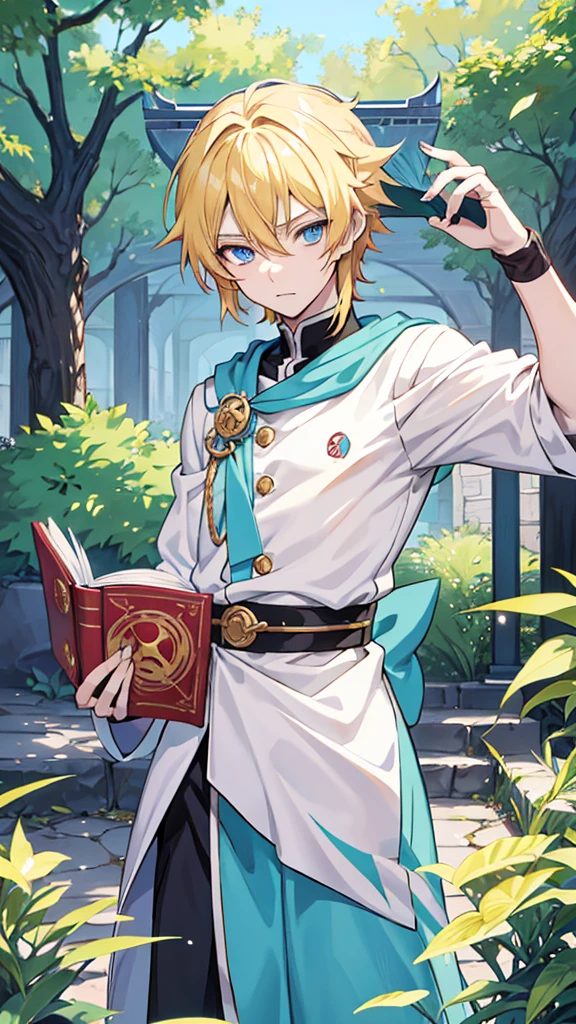 Anime boy with a book in his hand and wearing a hat, Handsome blond-haired man in demon-slaying art, แฟนอาร์ต Demon Slayer Rui, official art, Delicate Androgynous Prince, Tall anime guy with blue eyes., Demon Slayer art style, anime moe art style, anime boy, beautiful androgynous prince, As an anime character, anime boy, Rei Hiroe