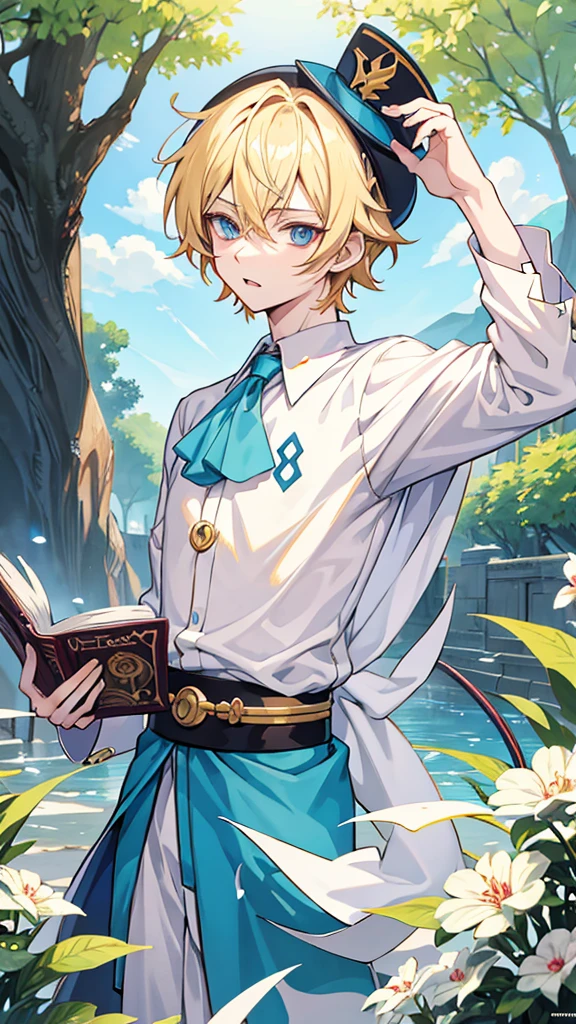 Anime boy with a book in his hand and wearing a hat, Handsome blond-haired man in demon-slaying art, แฟนอาร์ต Demon Slayer Rui, official art, Delicate Androgynous Prince, Tall anime guy with blue eyes., Demon Slayer art style, anime moe art style, anime boy, beautiful androgynous prince, As an anime character, anime boy, Rei Hiroe