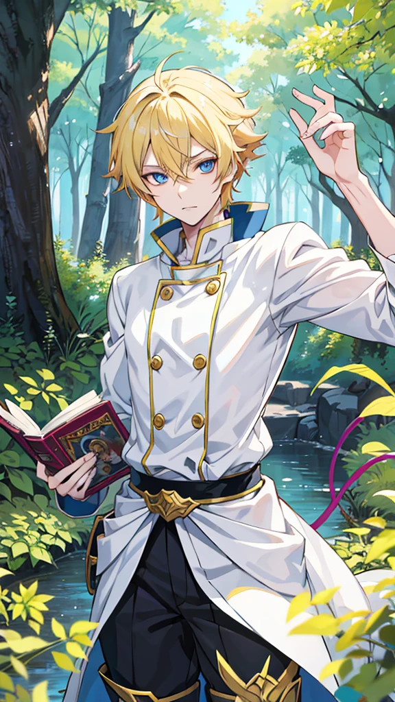 Anime boy with a book in his hand and wearing a hat, Handsome blond-haired man in demon-slaying art, แฟนอาร์ต Demon Slayer Rui, official art, Delicate Androgynous Prince, Tall anime guy with blue eyes., Demon Slayer art style, anime moe art style, anime boy, beautiful androgynous prince, As an anime character, anime boy, Rei Hiroe