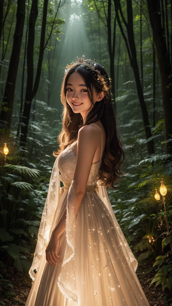 1girls, ,,Simper smile, High-definition image, a woman, her hair adorned with glowing fireflies, eyes shimmering with enchantment. Dressed in a gown made from woven moonlight, she stands in a mystical forest where trees come to life. The scene, bathed in the ethereal glow of the fireflies, captured in the style of a magical forest