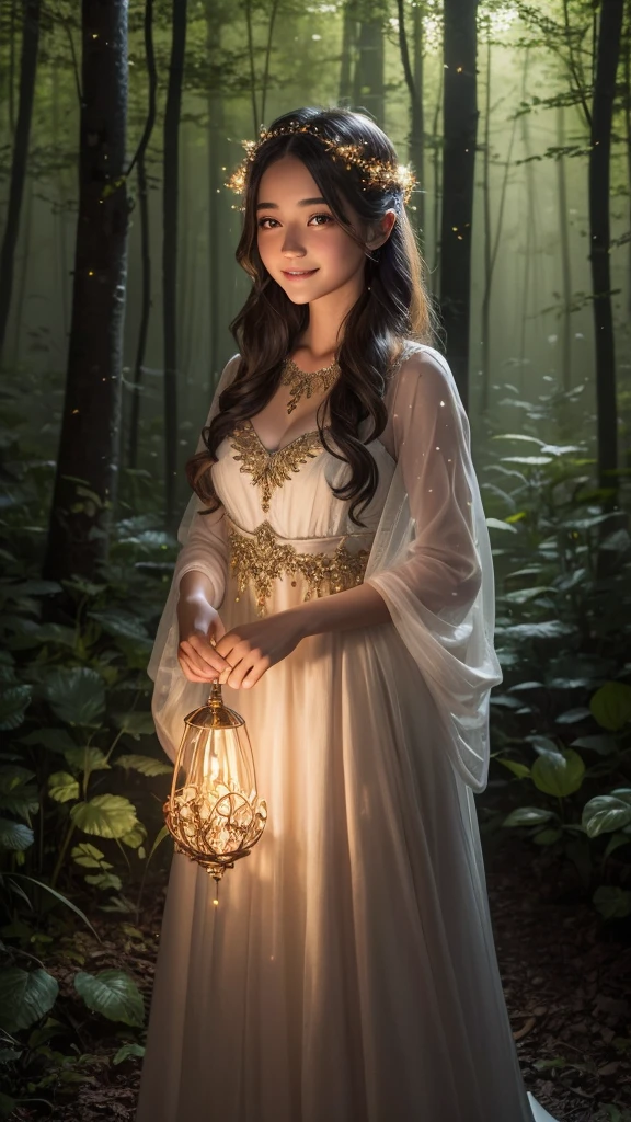 1girls, ,,Simper smile, High-definition image, a woman, her hair adorned with glowing fireflies, eyes shimmering with enchantment. Dressed in a gown made from woven moonlight, she stands in a mystical forest where trees come to life. The scene, bathed in the ethereal glow of the fireflies, captured in the style of a magical forest