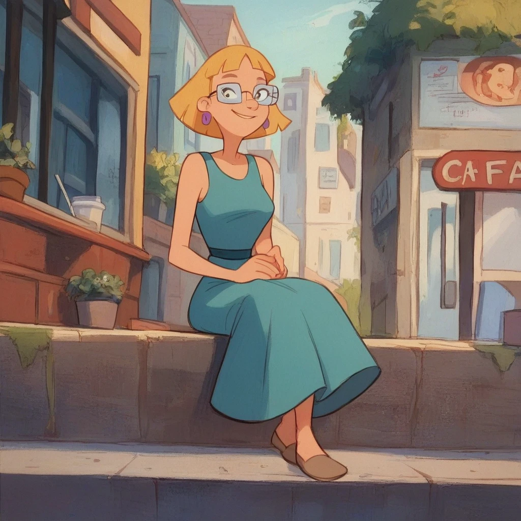 miriam, 1girl, glasses, earrings, jewelry, solo, short hair, blonde hair, smile, dress score_9, score_8_up, score_7_up, score_6_up, outdoors, full body, sitting on street cafe,