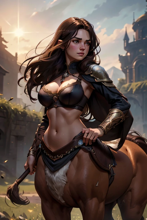 A young centaur, fantasy setting, long hair, long women's haircut, dark brown hair with an undercut, very pale skin with freckles and liver spots, round and soft face, round and soft chin, round, soft cheeks, curved lips, long and wide nose, dark brown eyes, upturned eyes, very thin and almost imperceptible eyebrows, long neck, thin, big breasts, centaur under the body, brown fur, looking kind and friendly, wearing a black medieval fantasy bra, in an open field, it's winter but the sun is shining, blue sky, (best quality,4k,8k,highres,masterpiece:1.2),ultra-detailed,(realistic,photorealistic,photo-realistic:1.37),HDR,UHD,studio lighting,ultra-fine painting,sharp focus,physically-based rendering,extreme detail description,professional,vivid colors,bokeh,fantasy,concept art