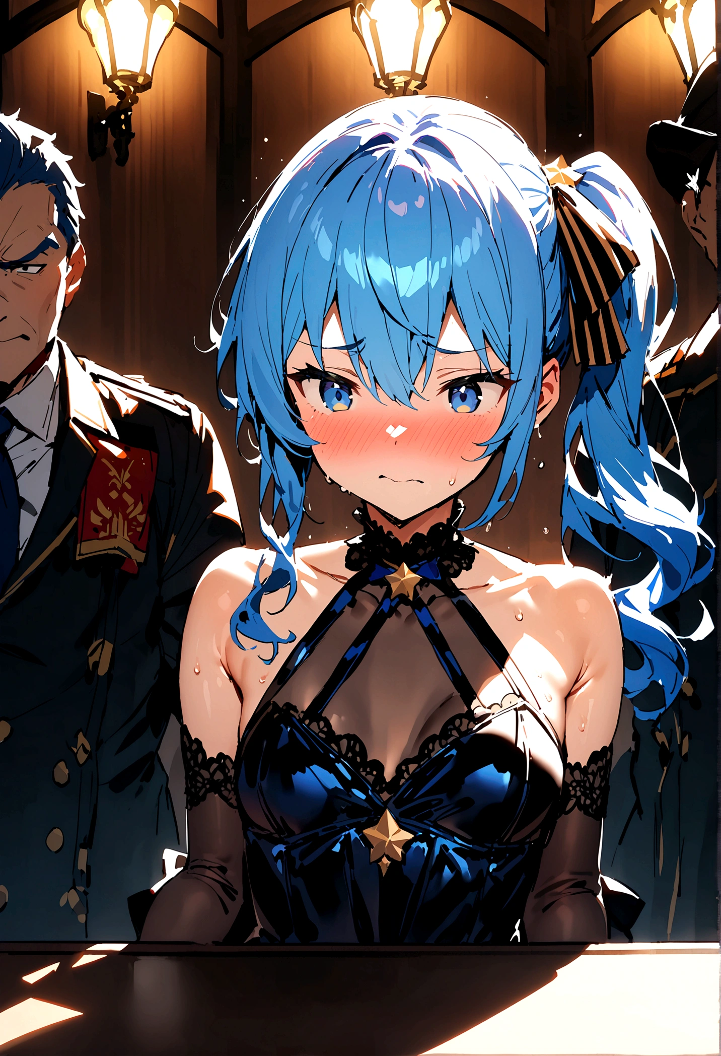 NSFW,masterpiece,Highest quality,High resolution,Super detailed,Star Town Suisei\(Hololive\),Blue Hair,One Side Ponytail,Blue Eyes,Small breasts,satin harness,dress,Prostitute,Adventurer&#39;s Guild,reception,table,Embarrassed,(Expecting face),Frustrated face,(Fawning),(Strong-faced men),(Body touch),(caress),Having sex,Insert,Creampie,(Squirting)
