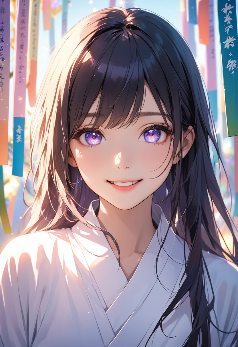 (masterpiece:1.5),(Beat quality),(high res),1girl solo,beautiful face,smile(shining eyes),upper body,light effects,Orihime,Tanabata