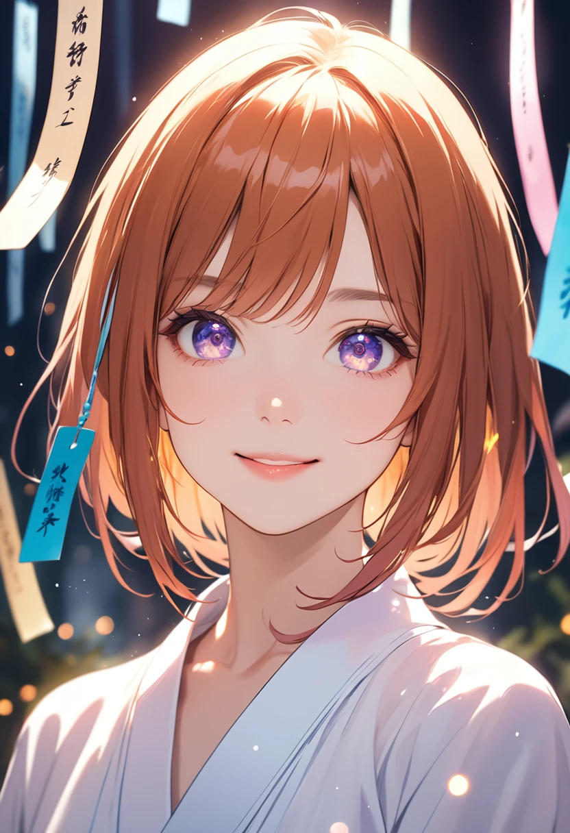 (masterpiece:1.5),(Beat quality),(high res),1girl solo,beautiful face,smile(shining eyes),upper body,light effects,Orihime,Tanabata