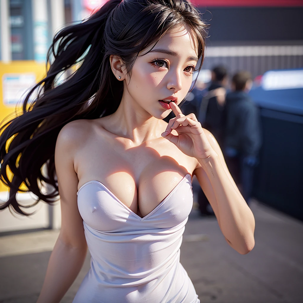 a woman, (realistic), (hyperrealism), (photorealistic), depth of field, eye makeup:0.5, (upper body:1.2), (narrow waist:0.7), looking at the viewer, casual outfit, at the city streets, topless