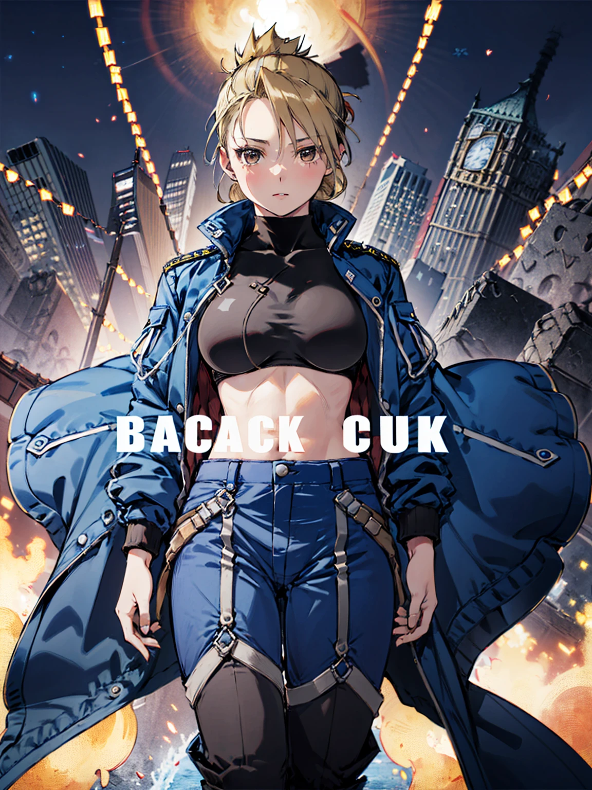 masterpiece, Highest quality, High resolution, One girl, (Blue jacketの下にBlack innerwearを着ている), Folded ponytail, Brown eyes, , (uniform, Blue jacket, Blue pants), ,Big Breasts, Black innerwear, (
