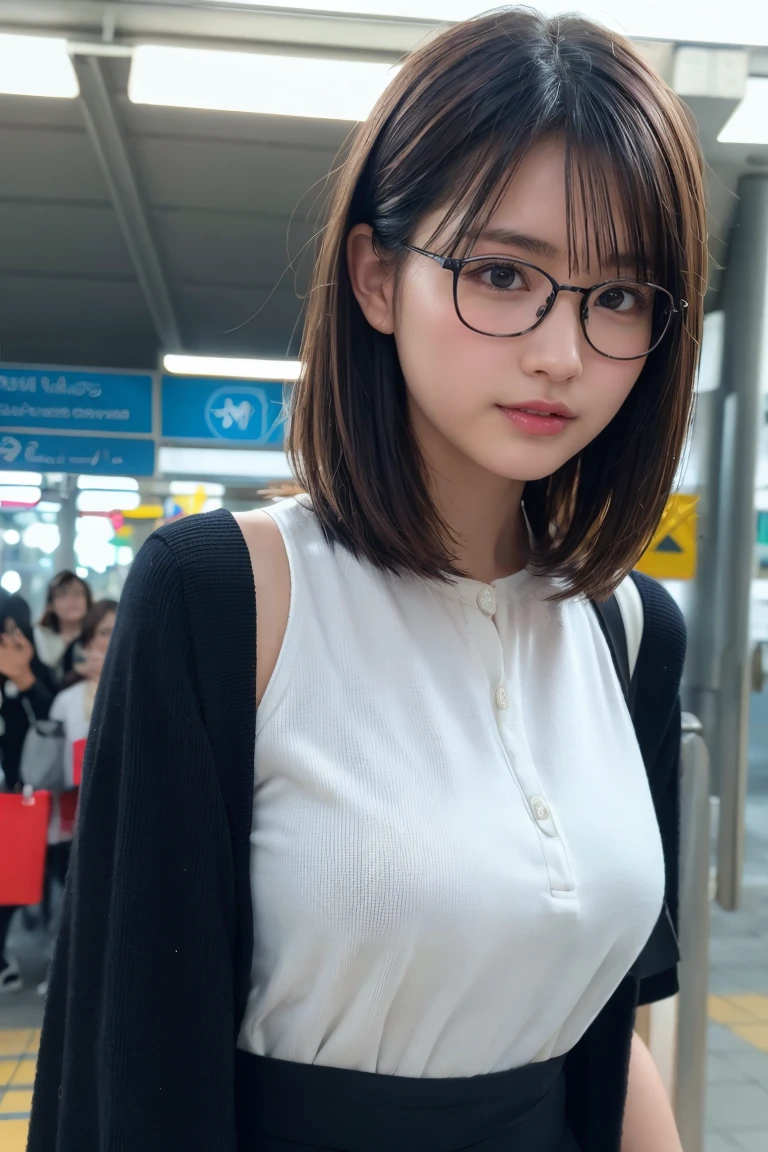 (8K、Raw photo、Highest quality、masterpiece:1.2)、(Realistic、Photorealistic:1.37)、Ultra-detailed、Ultra-high resolution、1 girl、Seeing the viewer、Beautifully detailed face、Laughter、narrow、(Slim waist) :1.3)、shortcut、Beautifully detailed skin、Skin Texture、Floating Hair、Professional Lighting、Waiting for the train on the platform、Black-rimmed square glasses 、Human whole body、Brown Hair、No sleeve
