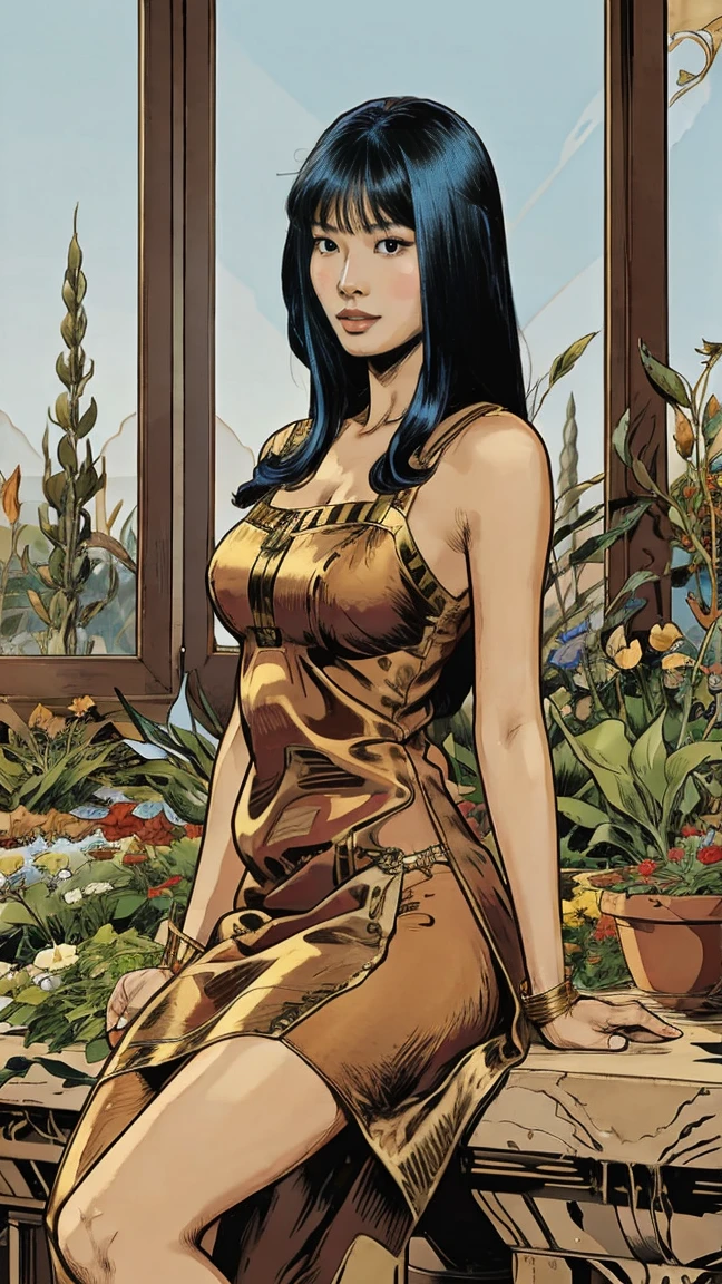 Beautifull, Toned, Korean woman, toned body, slim legs, silk dress, gorgeous, Cleopatra hair, Gardencore, Comic Artstyle 2D