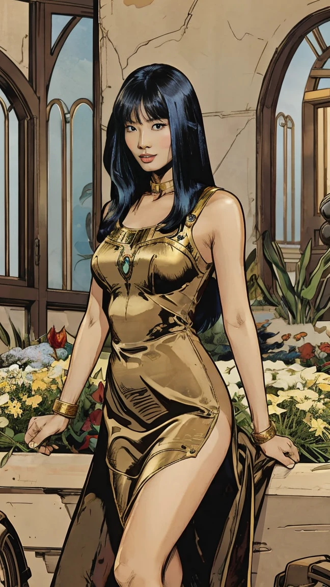 Beautifull, Toned, Korean woman, toned body, slim legs, silk dress, gorgeous, Cleopatra hair, Gardencore, Comic Artstyle 2D