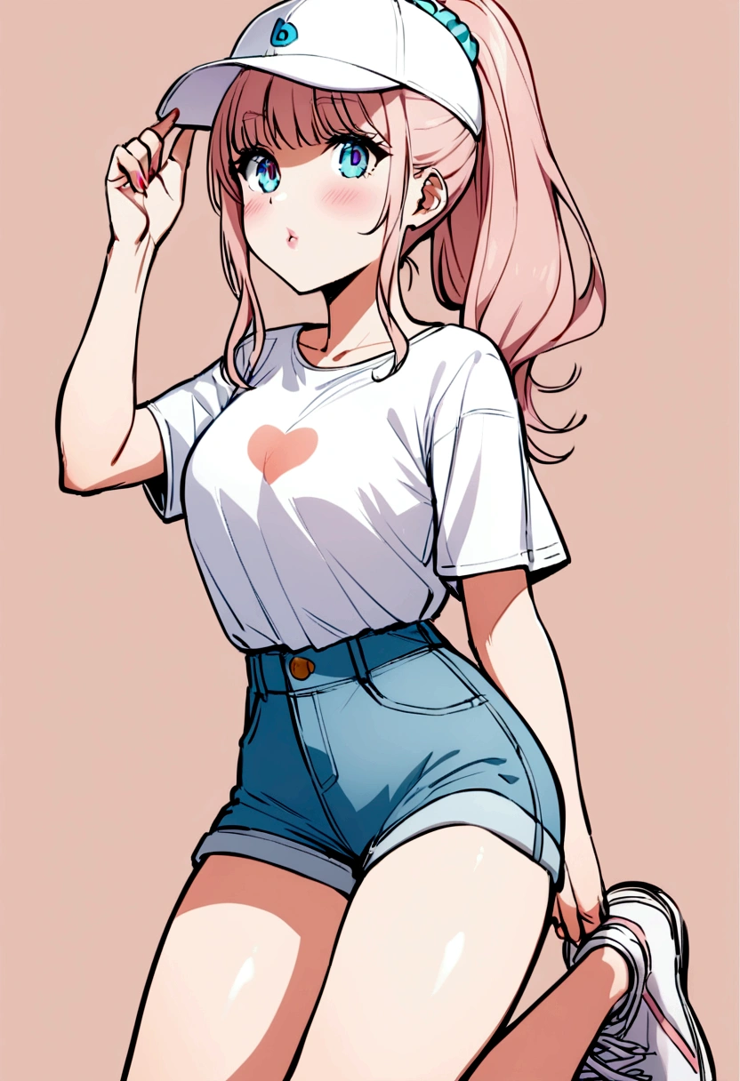 The 18 year old girl wore a white cotton t-shirt with a small floral motif which gave a feminine and fresh impression. Light blue denim shorts add a comfortable casual feel. White sneakers complete her look, giving her a relaxed and ready-for-the-outdoors vibe. Her long, black, shiny hair was tied in a high ponytail with a pastel colored scrunchie, adding to her youthful and energetic impression.
A white baseball cap and sunglasses add a touch of style while protecting from the sun.
The girl's makeup is very natural with BB cream which gives the impression of smooth skin, peach blush which makes her cheeks look fresh, and pink lip balm which gives a little color to her lips. Waterproof mascara makes her eyes look more defined without being overdone.