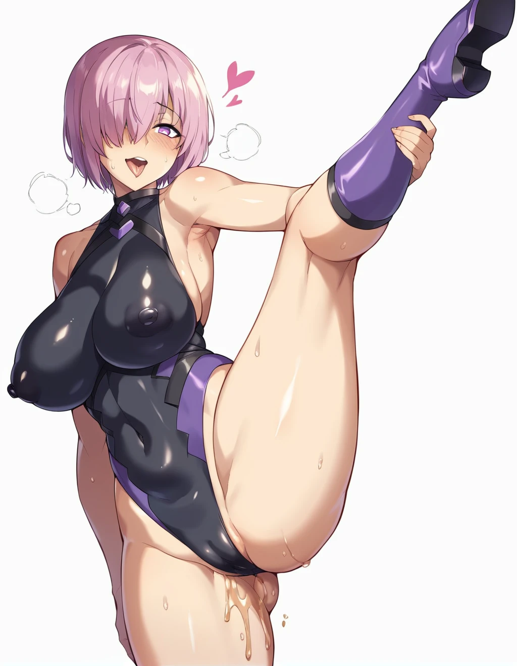 lotion、oil、Shiny、(Mash Kyrielight)、Vulgar smile、ahegao、Ultra-detailed illustrations、Ultra-precise expression、masterpiece、Highest quality、ultra High resolution、High resolution、Hiromitsu Takeda Style、White background、Simple Background、One girl、soght purple hair,short hair,hair over one eyes、leotard、Rider Suit、purple heel boots、Purple eyes、Open your mouth、Large Breasts、Big Breasts、Erect nipples、Choker of Hearts、White Breath、Sweat、Glowing Skin、shiny skin、Front angle、View your viewers、Raise one leg、