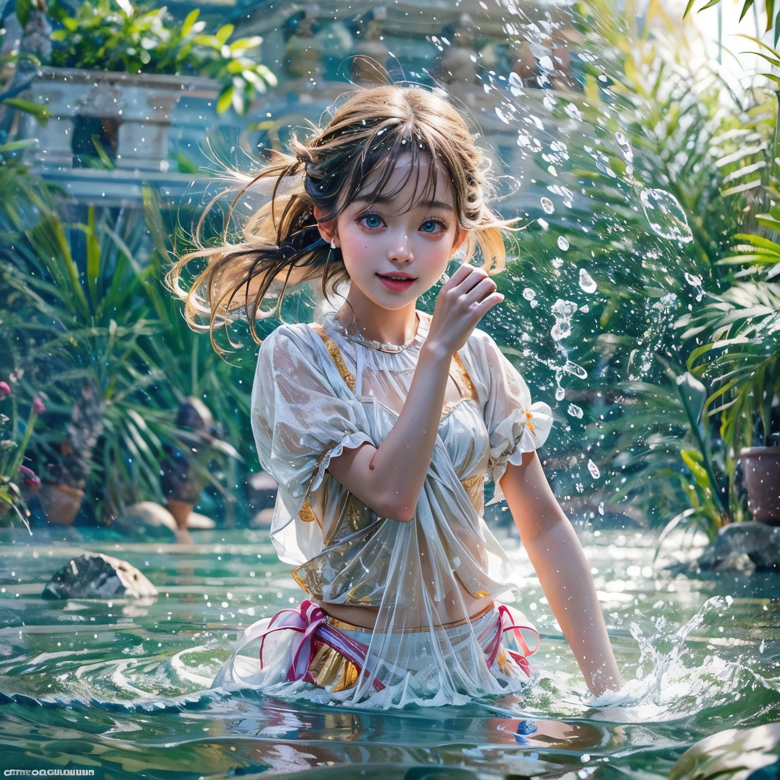 (8K TopQuality masterpiece: 1.2)(Realistic ProfessionalPhoto: 1.37), VolumetricLighting. Tiny Girls, girl jumping into the water、Falling、splash water、shout、Luminous water surface、White and Bright colors, back lighting, Radiant PearlSkin, sparkling highlights, Detailed KAWAII face with cute lips, long eyelashes, Delicate clothes, Detailed open crotch